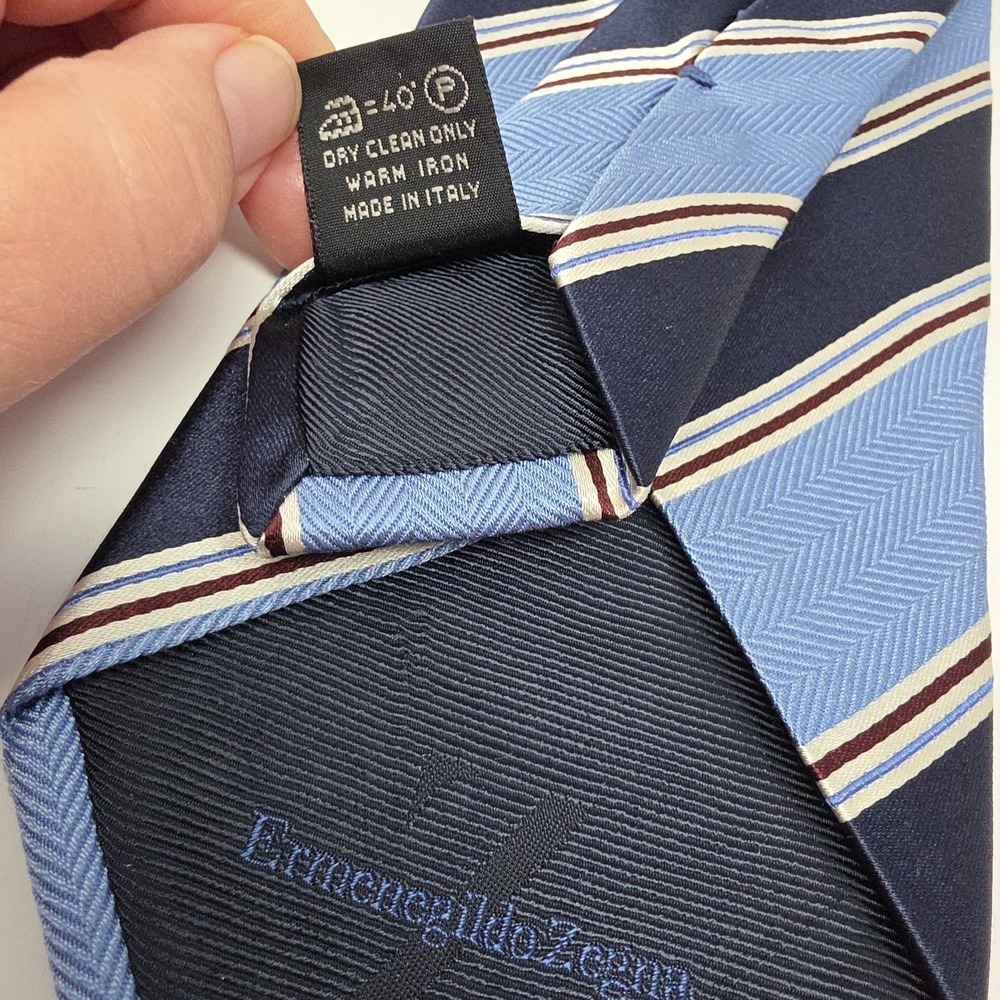 Ermenegildo Zegna Tie Mens Navy Blue Striped Silk Blend Italy Made Long 60" - Picture 4 of 4
